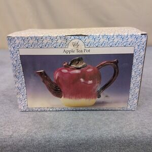 Artmark Apple Tea Pot Ceramic Red Green Brown Handle Spout Lid Novelty‎